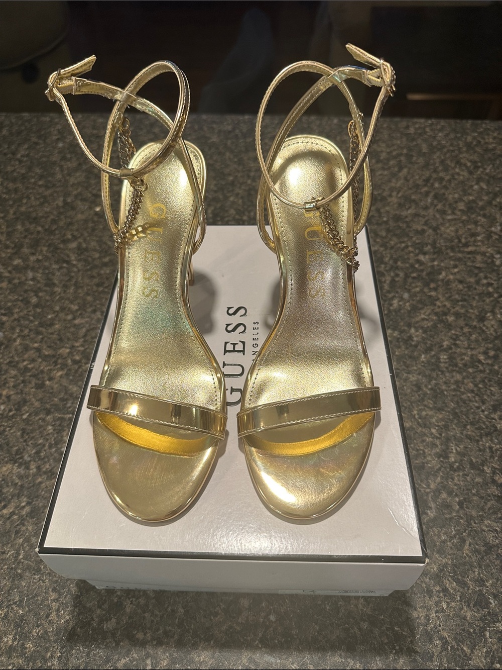 GUESS Gold Metallic Chain-Ankle Heeled Sandals